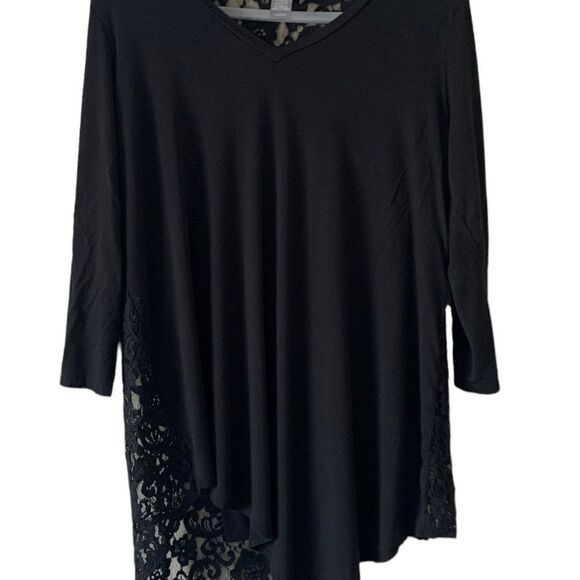 Kate & Mallory Large Size Black Long Sleeve Ruffle And Lace V-Neck Top/Tunic - Picture 2 of 5